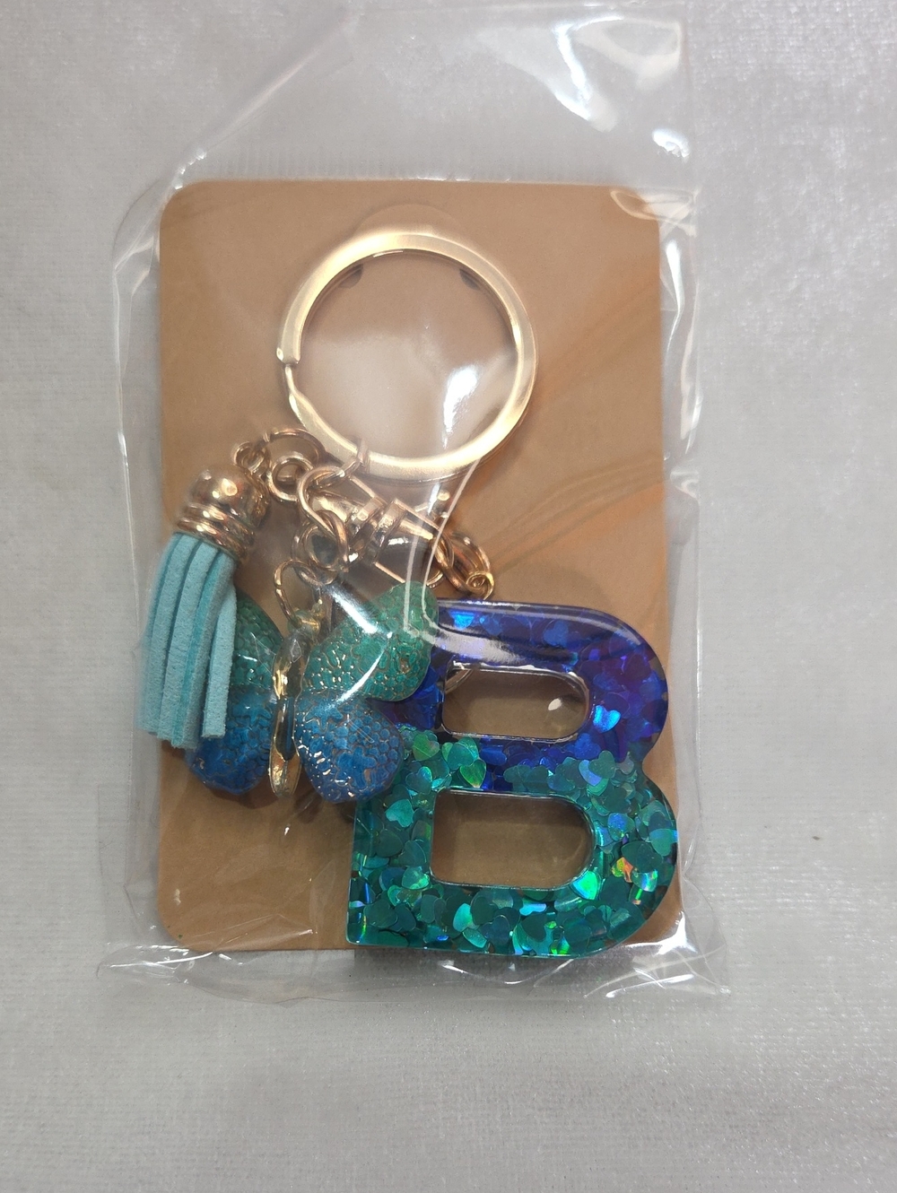 Blue Green Initial Letter "B" Resin Keychain Purse Charm Tassel Butterfly Charms